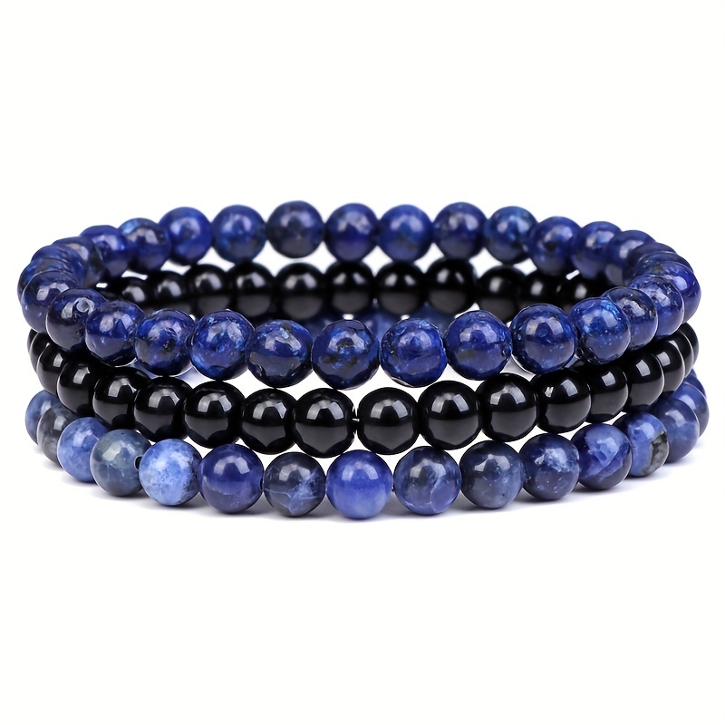 Men's & Women's 6mm Natural Stone Beads Bangle Bracelet Set